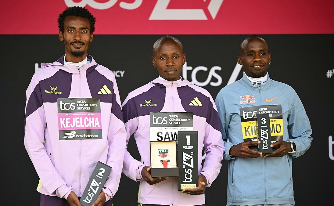 2026 런던 마라톤 시상대 — 사웨·케젤차·키플리모