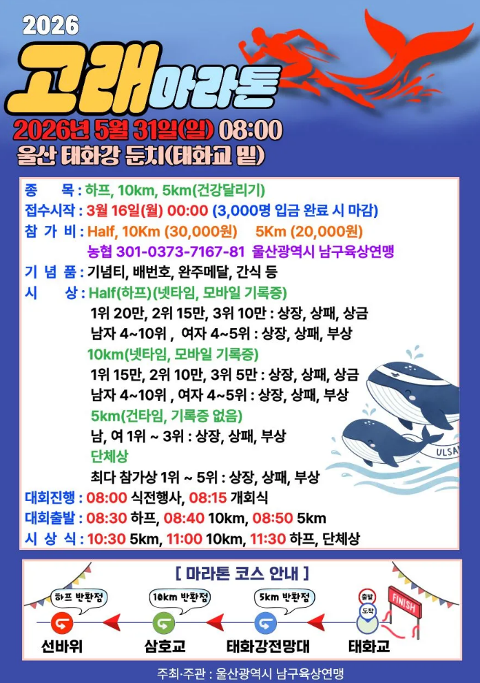 2026 고래마라톤 5월 31일 울산 태화강 둔치 출발, 하프·10km·5km 코스 공식 포스터