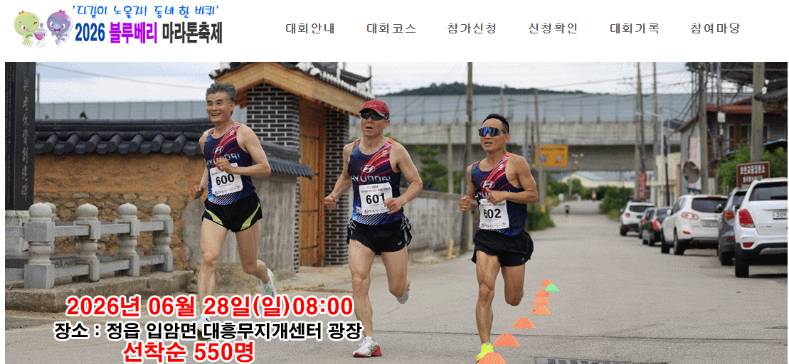 전국블루베리마라톤 공식 헤더 — 2026 6월 28일 정읍 대흥무지개센터
