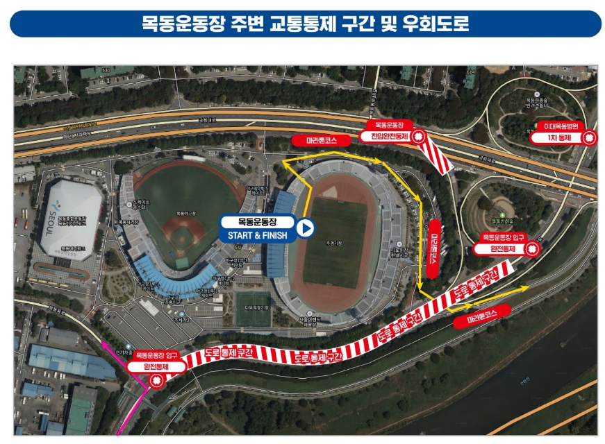 새벽강변 국제마라톤 목동운동장 교통통제 구간 우회도로